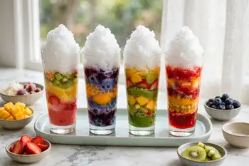 Fill each glass to the top with shaved ice, mounding it slightly.