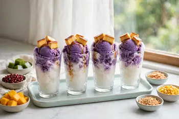 Crown each glass with leche flan pieces and a scoop of ube ice cream.