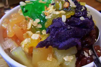 Serve with a long spoon and a straw, and instruct everyone firmly: halo halo, mix mix, all the way to the bottom before the first bite.