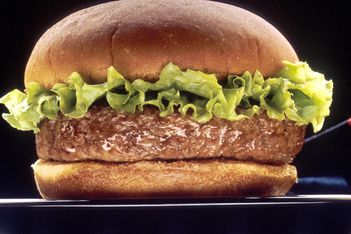 A classic grilled hamburger with crisp lettuce on a toasted bun