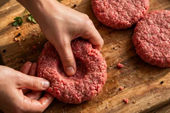 Hands pressing a thumb dimple into the centre of a raw beef patty