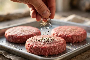 Salt and cracked pepper falling over raw beef patties