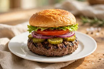 The finished grilled hamburger with lettuce, tomato, red onion and pickles