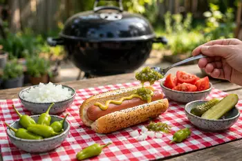 For Chicago style: stripe with mustard, spoon on relish, scatter onion, add two tomato wedges and a pickle spear, two sport peppers, and a shake of ce