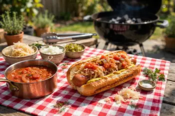 For New York style: mustard first, then a spoonful of warm onion sauce or sauerkraut.