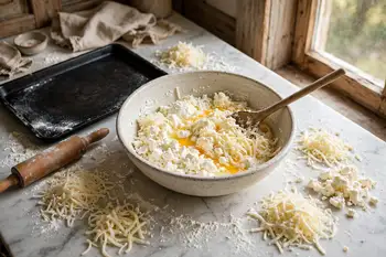 Stir the three cheeses together with 1 whole egg and a pinch of salt.