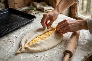 Divide the dough in two. Roll each piece into a long oval. Scatter a line of cheese along both long edges and roll the edges inward over it, pinching 