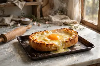 Make a well in the cheese, drop in a yolk and a knob of butter. Return to the oven for 1 minute only, just to warm the yolk through.