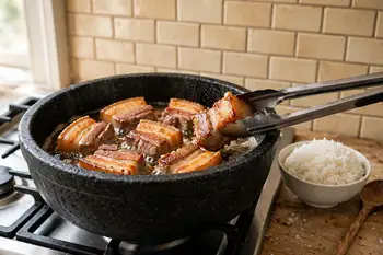 Sear the pork belly in a heavy pot until its fat runs and the edges brown. Lift out most of the fat, leaving a spoonful.