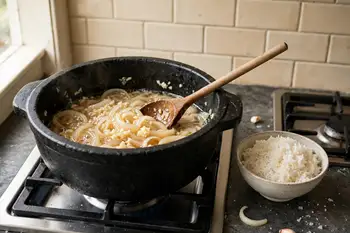 Add the onion and garlic and soften for 3 minutes in the pork fat.