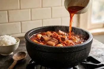 Return the pork with the kimchi brine, gochugaru, soy sauce, sugar and water. Simmer for 20 minutes, until the kimchi is tender and the broth is deep 