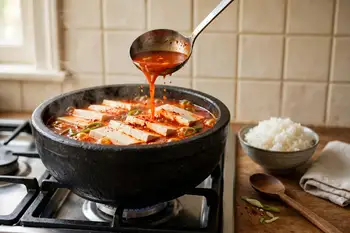Lay the tofu slices over the top, spoon hot broth over them, and simmer gently for 3 minutes to warm through.