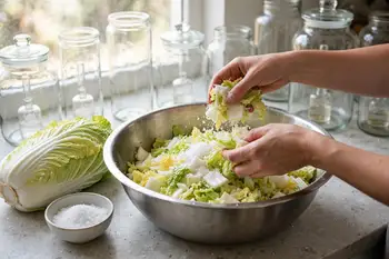 Quarter the cabbage lengthwise and cut into 2 inch pieces. Toss with the salt and leave for 2 hours, turning every 30 minutes, until the thick white p