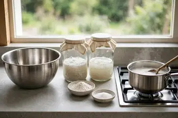 Simmer the water, rice flour and sugar for 2 minutes into a thin porridge. Cool completely.