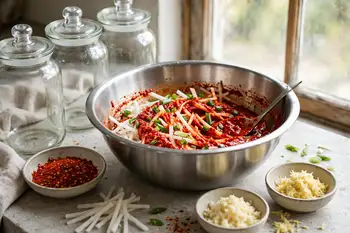 Stir the gochugaru, fish sauce, garlic and ginger into the porridge to make the paste. Fold in the radish and green onions.