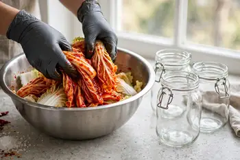 Work the paste through the cabbage, leaf by leaf, wearing gloves, until every piece is coated and glowing red.