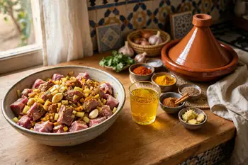 Toss the lamb with the chopped onion, garlic, spices, saffron and its water, salt and a splash of olive oil. Marinate 1 hour, or overnight.