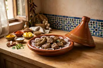 Set the seasoned lamb in a tagine or heavy pot with the sliced onion around it and 1/2 cup of water. Cover.