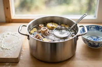 Simmer the beef and bones in water for 10 minutes, drain, and rinse. Return to clean water with the onion, ginger and peppercorns and simmer gently fo