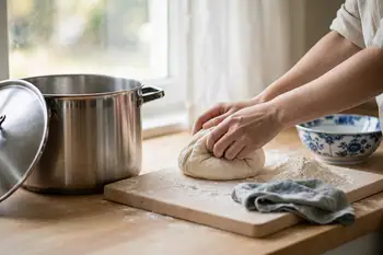 Mix the flour, salt and peng hui with the water into a rough dough. Knead 15 minutes, until smooth and elastic, then rest under a damp cloth for 1 hou