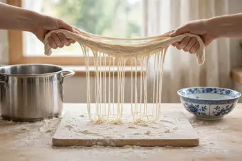 Divide the dough into ropes. Oil your hands, stretch a rope out, fold and stretch again, working it into long, even noodles. Confidence comes with the