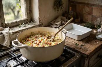 Soften the onion, carrot and celery in butter until sweet, about 8 minutes. Add the pancetta and cook until its fat runs.