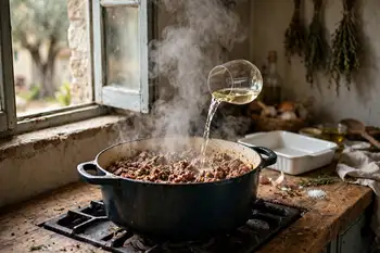 Add the beef and pork, breaking it fine, and cook until it stops steaming and starts to fry. Pour in the wine and let it evaporate completely.