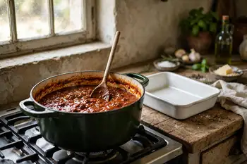 Stir in the tomato paste, tomatoes and the cup of milk. Simmer on the lowest heat for at least 2 hours, stirring now and then, until thick and glossy.