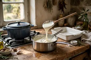 Make the besciamella: melt the butter, whisk in the flour, then the warm milk a little at a time. Simmer until it coats the back of a spoon. Season wi