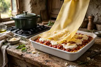 Spread a thin layer of besciamella in a baking dish. Layer pasta, ragu, besciamella and a little Parmesan, four layers deep, finishing with besciamell