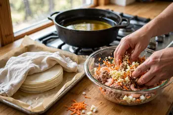 Mix the pork, shrimp, garlic, onion, carrot, water chestnuts, soy sauce, pepper and a pinch of salt until well combined and slightly sticky.