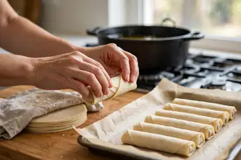 Fold the bottom point over the filling, fold in the sides, and roll up tightly. Seal the final flap with egg white. Repeat with the rest.