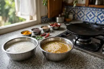 Soak the rice in one bowl and the urad dal with the fenugreek in another, both covered in water, for at least 6 hours or overnight.