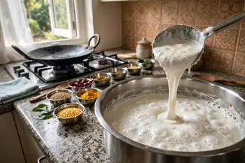 Grind the dal with a little of its soaking water until completely smooth and fluffy. Grind the rice to a fine, slightly sandy batter. Mix both with th