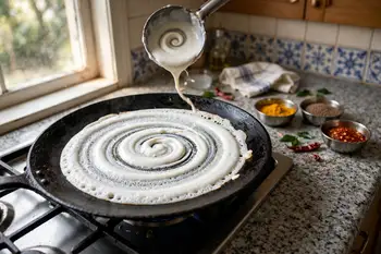 Heat a heavy pan or tawa until a sprinkle of water dances. Wipe with a halved onion dipped in oil. Pour a ladle of batter in the center and spiral it 