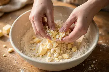 Rub the butter and lard into the flour, sugar and salt until the mixture looks like coarse crumbs. Mix in the yolk and just enough ice water to bring 