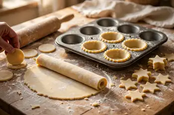 Roll the pastry to about 1/8 inch thick. Cut twelve 3 1/2 inch rounds and press them gently into the tin. Re-roll the scraps and cut twelve 2 1/2 inch