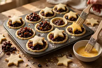 Fill each case with a heaped teaspoon of mincemeat, not quite to the rim. Dampen the pastry edges, set the lids or stars on top, and press lightly to 