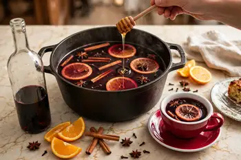 Pour the wine into a large, heavy pot. Add the orange rounds, honey, cinnamon sticks, cloves and star anise, and stir once to dissolve the honey as it
