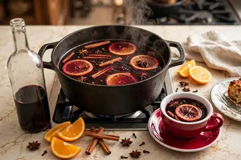 Set the pot over medium low heat and warm the wine slowly until it is steaming and just below a simmer, 160 to 170°F (71 to 77°C). This takes about 10