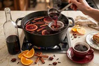 Strain out the spices and orange slices, or ladle around them, and pour into heatproof glasses or mugs.