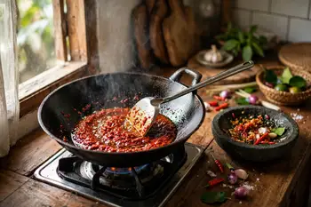 Heat the oil in a wok until shimmering. Fry the paste for 2 minutes, until fragrant and a shade darker.