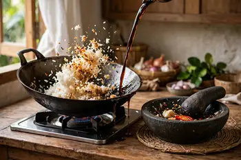 Add the cold rice, breaking up every clump. Pour the kecap manis and soy sauce around the wok's edge so they sizzle, then toss for 3 minutes until the
