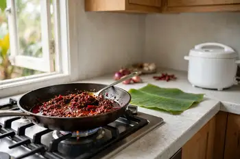 Blend the soaked chiles, shallots, garlic and belacan into a paste. Fry slowly in oil for 12 to 15 minutes, until dark red and the oil separates. Seas