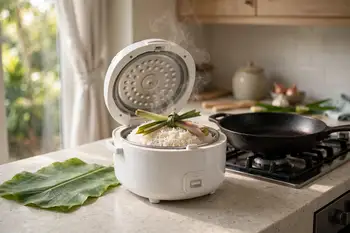 Rinse the rice. Cook it with the coconut milk, 1 cup of water, the pandan, lemongrass and a good pinch of salt, then rest 10 minutes and fluff.