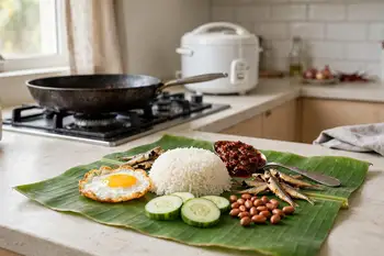 Warm banana leaves or plates. Mound the rice in the center, add a generous spoon of sambal, and arrange anchovies, peanuts, cucumber and an egg around