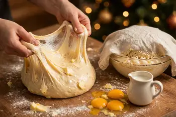Add to the starter: the remaining flour, yeast and milk, the yolks, eggs, sugar and honey. Mix to a rough dough, rest 20 minutes, then knead for 8 to 