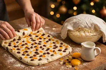 Stretch the dough into a rectangle on a floured counter and scatter over the raisins and peel. Roll up and knead gently for 1 minute to distribute the