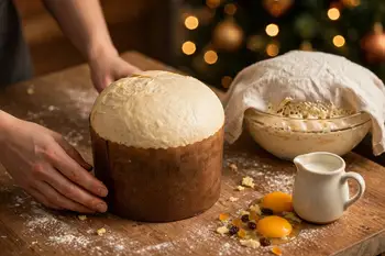 Shape into a tight ball and place seam side down in a panettone paper mold (about 6 inches wide) or a parchment-lined deep cake pan. Cover and rise in