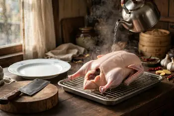 Pat the duck dry. Rub inside and out with the salt and five-spice. Pour a kettle of boiling water slowly over the whole bird to tighten the skin.